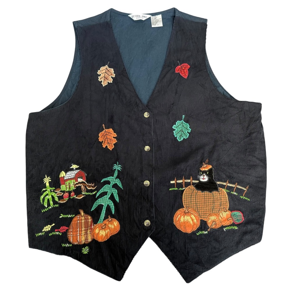 Vintage Halloween Harvest Corduroy Vest Embroidered Black Cat Pumpkin 22W (2X)
